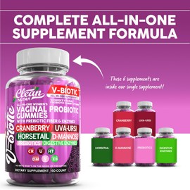 Clean Nutraceuticals Vaginal Probiotics for Women Gummies with Cranberry, Uva Ursi, Horsetail, D-Mannose, Prebiotics & Digestive Enzymes, Vaginal Health Supplement for pH Balance Flora Odor VBiotic