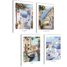 mojoliving Picture Set Mykonos Santorini Amalfi Venice Poster Greece Wall Pictures Italy Aesthetic Poster Retro Wall Decoration Living Room Pictures Bathroom
