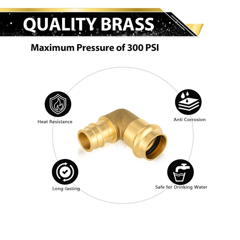 (5 Pack) FOSKAN 3/4"Press x 3/4"PEX Expansion Elbow, Brass Press