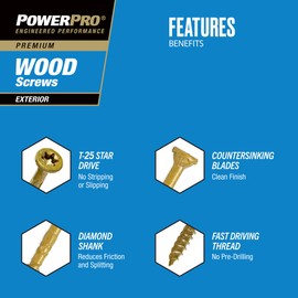 Power Pro Premium Exterior Wood Screws, #10 x 3-1/2" Inch All-Purpose Deck Screws for Outdoor Projects, T-25 Star Bit Included, Bronze, 280 Pieces | 48614V4