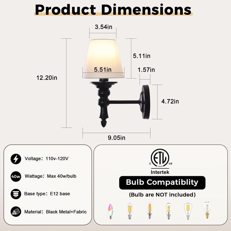 Wall Sconces Sets of 2, Hardwired Classic Matte Black Sconces