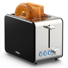 YIOU 2 Slice Stainless Steel Toaster - 1.5 Inch Extra Wide Slots, 6 Browning Settings, Bagel & Defrost Function, Removable Crumb Tray, Easy Cleaning - Black