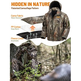 NEW VIEW Insulated Hunting Jacket for Men Cold Weather, Warm Camo Hunting Jackets with Hood, Water Resistant Hunting Clothes