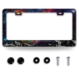 Starry Sky Mountains License Plate Frame Beautiful Galaxy License Plate Holder Funny Stainless Steel Accessories Cars Decor with 2 Holes and Screws Fits Standard Us Ca Vehicles 12.2 X 6 Inch