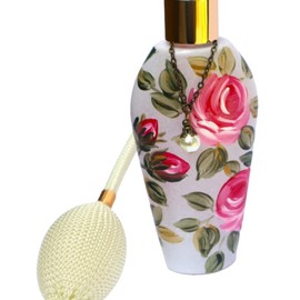 Elegant Pretty Frosted Glass Perfume Bottle with Hand Painted Pink Roses Ivory Long Atomizer Fine Mist Spray Bulb with Tassel Romantic Victorian Shabby Chic Vanity Powder Room Decor