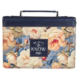 Christian Art Gifts Fashion Vegan Leather Bible Cover for Women: Be Still Scripture, Blue, Large