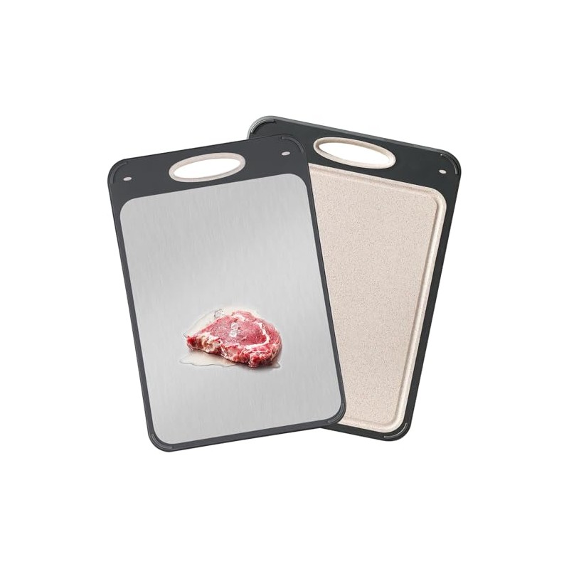 Double-Sided Cutting Board, 35.5×24.4 cm, Stainless Steel and Wheat Straw