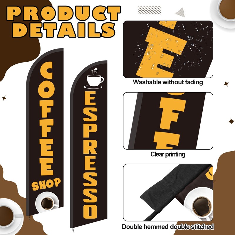 2 Pack Coffee Espresso Feather Flags Cafe Banner, Fashionable