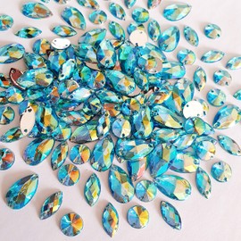 150pcs Drop Horse Eye Round Mix Shape AB Color Clear Sew On Acrylic Rhinestones Flatback Stones Sewing for Clothing Wedding Dress Decorations (Light Blue)