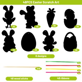 FANCY LAND Easter Scratch Art Paper Rainbow Color Crafts Kit Ornaments for Kids Easter Basket Stuffers Party Favors 48Pcs