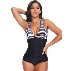 SHAPERIN Women's One Piece Swimsuits Tummy Control High Waisted Bathing Suits Padded Push Up Shapewear Swimwear Monokini, Striped, Small