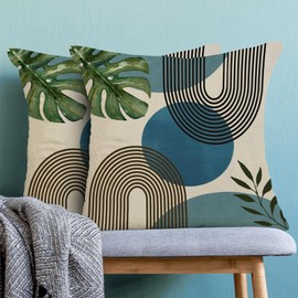 Boho Summer Pillow Covers 20x20 Inch 2 Pcs, Dusty Navy Blue and Leaf Outdoor Decorative Throw Pillows, Mid Century Modern Abstract Farmhouse Decor Pillowcase Linen Cushion Cover for Couch Sofa