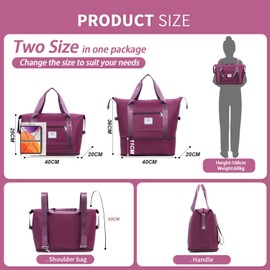 FIORETTO Womens Expandable Gym Tote Bag Duffle Bag with Wet Pocket, Travel Bag Weekend Overnight Bags with Double Shoulder Strap, Water-Resistant Carry On Bag Hospital Holdalls for Women Dark Purple