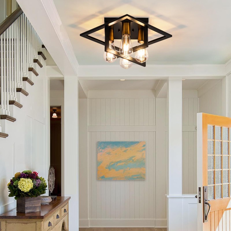 Semi Flush Mount Ceiling Light Fixture, 4 Light Industrial Ceiling