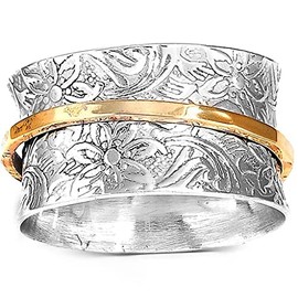 Jude Jewelers Stainless Steel Floral Pattern Chunky Size Rotating Spinner Band Ring (Silver Gold, 6)