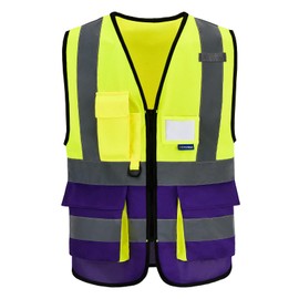 AYKRM 21 Colours Safety Vest Reflective Safety Vest with Reflective Strips with Zip and Pockets Work Vest, Yellow and purple