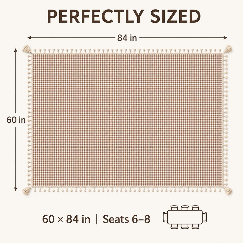 Coffee Gingham Tablecloth, Linen Farmhouse Tablecloth with Tassel, 60x84 In