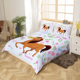 Girls Horse Bedding Set Twin Kids Cartoon Farmhorse Floral Comforter Cover for Toddler Baby Girl Pink Blue Stripe Duvet Cover Breathable Spirit Horse Animal Bedspread Cover Room Decor Quilt Cover