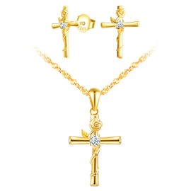 INFINIONLY Women's Girls Pendant and Earrings, 925 Silver Jewellery Sets, Classic Cross Necklace Earrings, Rose Cross Pendant Earrings, Women's Jewellery Set, Inlaid Zirconia, Golden, Cubic Zirconia