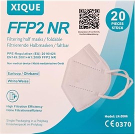 SESCO FFP2 Mask Xique Pack of 20 with Elastic Ear Loops, CE Certified Respirator Mask, Particulate Filter Mask, FFP2 Mask, NR