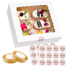 ZKKZOMA White Pie Boxes with Silk Ribbon and Stickers for Pie，Bakery Boxes with Window for Christmas,Birthday Party, Wedding, Valentine's Day (8x8x2.5-24pack)