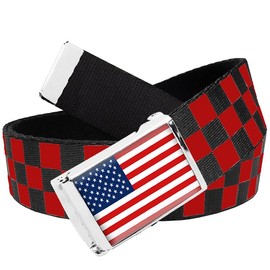 Build A Belt American Flag 1.25" Wide Flip Top Buckle with Canvas Web Belt (Mens Small Red Black Checkered)