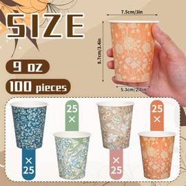FYSUIMU 100Pcs William Morris Floral Paper Cups 9Oz Vintage Botanical Disposable Cups Spring Flower Drinking Cups for Juice Coffee Hot Cold Drink Home Party Supplies