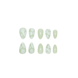 Almond Press on Nails Short Fake Nails with White Flower Design Glue on Nails Green Full Cover Glossy Artificial Stick on Nails for Women Girls 24Pcs
