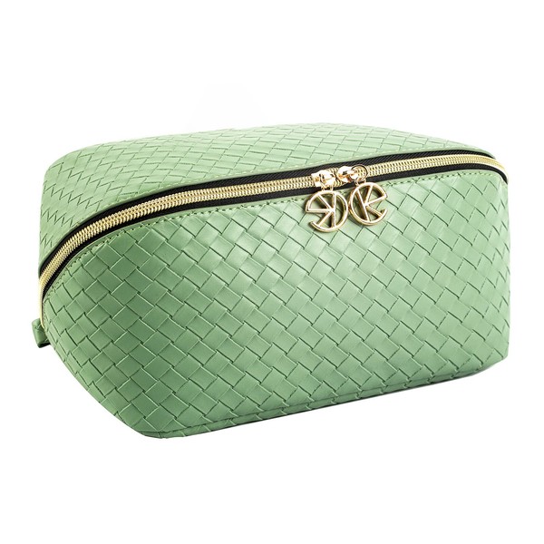 Keke Int'l Fashionable PU leather woven texture waterproof and easy-to-clean cosmetic bag with flat open design, convenient and practical toiletry bag with built-in pockets (Light green)