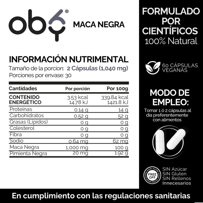Maca Negra Peruana Orgánica 1040mg | Suplemento Alimenticio Vegano Sin
