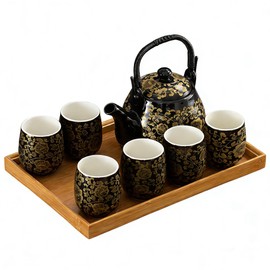 KEYDUACU Japanese Tea Set, Kiln-Formed Ceramic Tea Set, Plum Blossom Embossed, Includes 1 Teapot, 6 Teacups,Tea Tray,Strainer, Used for home, outdoor, gift, Chinese Tea Set(BLACK GOLD)