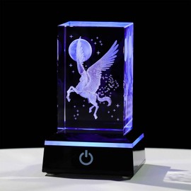 Crystal Engraved 3D Flying Horse Pegasus Figurine Paperweight with LED Base, Glass Unicorn and Moon Collectible Ornament Gifts for Women Men on Birthday Christmas