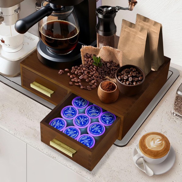 Wooden Coffee Pod Storage Drawer，K Cup Holder Compatible with Vertuo