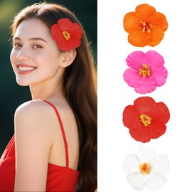 KEUKORZ Hawaiian Flower Hair Clips - 4Pcs Artificial Flower Hairpins for Women’s Hair - Fashion Accessories for Holiday Beach Vacation Party Decoration (4 Colors- White, Pink, Orange, Red)