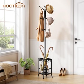 Hoctieon Coat Rack Freestanding, Entryway Hanger Stand, Umbrella Holder, Hall Tree With 12 Hooks, Floor Standing Metal Tree Stand, Black
