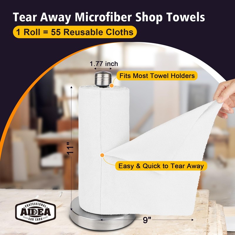 AIDEA Microfiber Cleaning Cloth, Shop Towels 55 Sheets(6 Roll) White