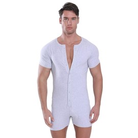 Landofgenie Men Short Sleeve Onesie Bodysuit One Piece Rompers Henley Jumpsuit Pajamas Light Grey 2XL