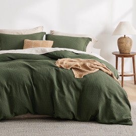 Bedsure Bedsure Luxury Waffle Duvet Cover Queen Size - Textured Duvet Cover Set, Soft, Breathable Bedding Set (90"x90") with 2 Pillow Shams for All Season, Olive Green, Comforter Not Included