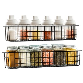 Spice Rack Organizer Wall Mount, 2 Pack Black Wire Storage Baskets for Wall, Seasoning Organization for Kitchen and RV