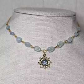 Handmade Aquamarine Blue Crystal And Gold Sun Charm Beaded Choker Necklace
