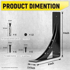 9 inch x 8 inch Heavy Duty Shelf Brackets，max Load 900 LBS,Premium Alloy Metal Mantel Brackets , (Set of 2) Fireplace Mantel Brackets - Countertop Support Brackets (Black-Metallic Silver)