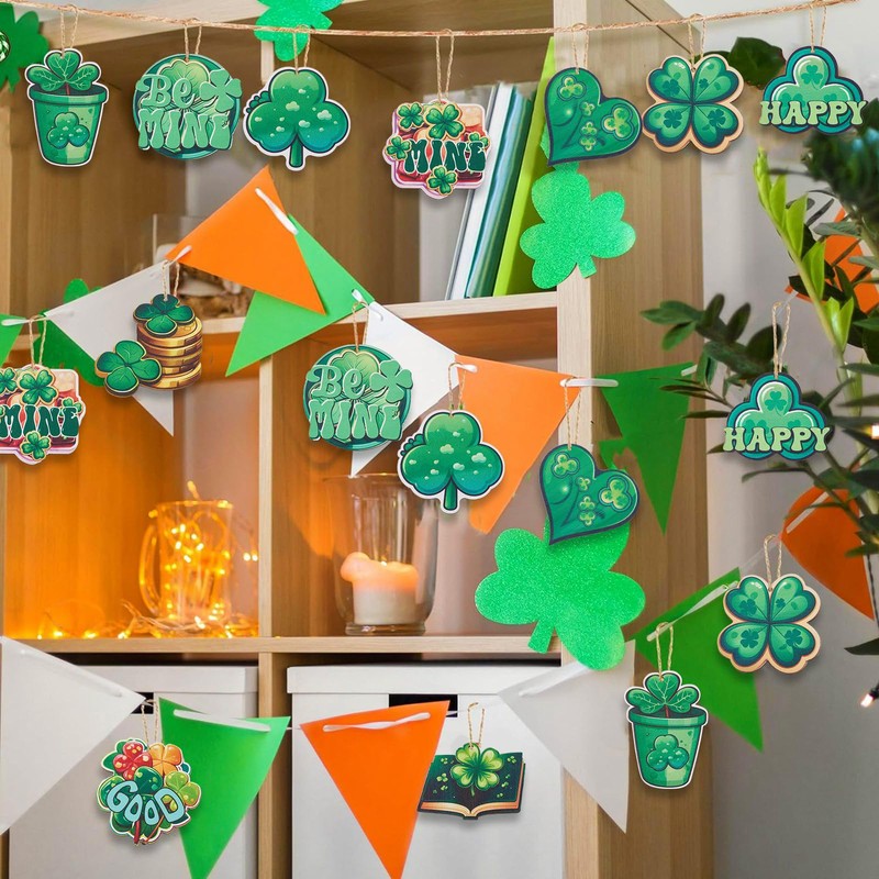 Stiesy 20Pcs 10 Styles Green Clover Wood Big Pendants Charms