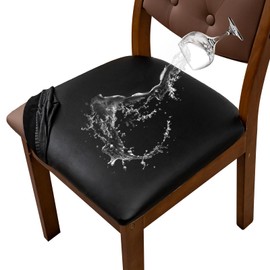 YUEANG Waterproof Seat Covers for Dining Room Chairs Set of 2 - PU Leather Removable Washable Chair Seat Slipcovers (Black)