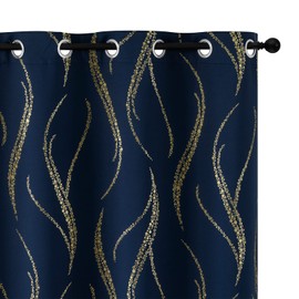 Yakamok Blackout Curtains for Livingroom, Curtains 63 Inch Long - Navy Blue and Gold Waver Curtains with Pattern, Grommet Room Darkening Drapes for Bedroom (52W x 84L Inch, Navy Blue, 2 Panels)