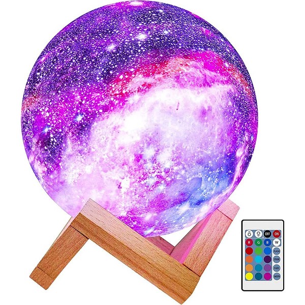 Himalayan Glow Kids Night Galaxy Lamp 5.9-inch 16 Colors LED 3D Star Moon Light with Wood Stand, Remote & Touch Control USB Rechargeable, White