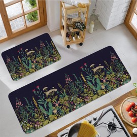 Eikunn Farmhouse Style Kitchen Rugs and Mat Set of 2, Weeds Floral Wildflower Kitchen Mats for Floor,Non-Slip Kitchen Sink Mat Spring Kitchen Decor Doormat+Runner Rug