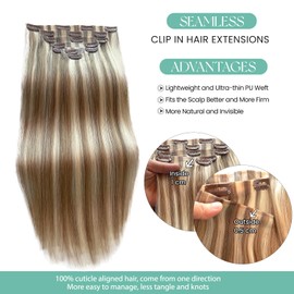 Hair Extensions Seamless Clip ins, Ash Blonde Balayage Platinum Blonde Hair Extensions Real Human Hair Clip in Extensions, 7pcs 80G 12 Inch, Clip in Hair Extensions Remy Human Hair