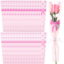 Honoson 100 Pcs Single Flower Sleeve Coquette Bow Mother's Day Floral Bouquets Wrapping Bags Plastic Rose Cellophane for Birthday Graduation Party Wedding Flower Gifts Supplies(Pink)