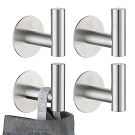 JQK Self Adhesive Towel Hook Brushed, No Drill Stick on Coat Robe Clothes Wall Hook for Bathroom Kitchen Garage 4 Pack, 304 Stainless Steel Brushed Steel, ATH110-BN-P4
