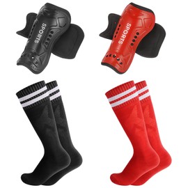 Partideal 2 Pairs of Shin Pads for Children, Football Shin Guard with Football Socks, Children's Shin Pads for 3-7 Years Boys and Girls Football Games (Black + Red)